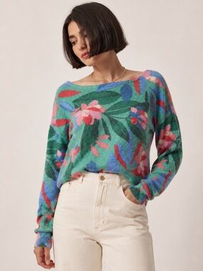 Grace & Mila Garden Floral Alpaca Blend Fuzzy Sweater Soft Pastel Knit Boho M L